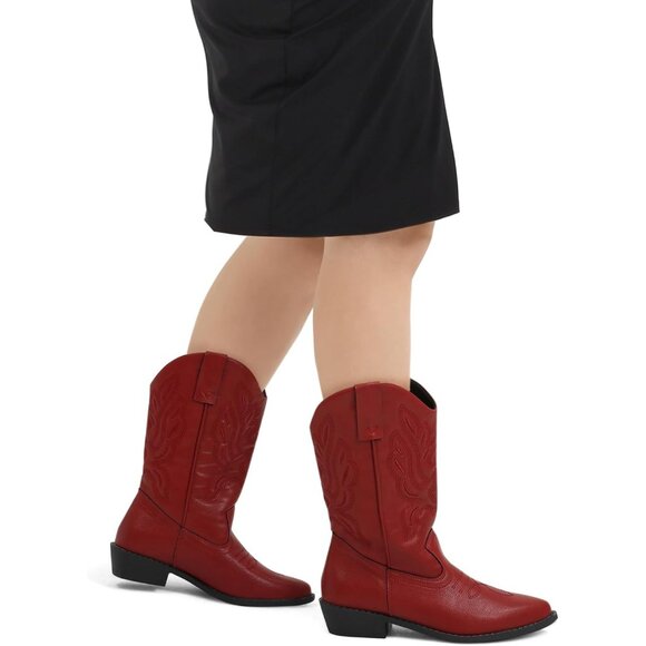 mysoft Women's Red Western Cowboy Boots Mid Calf Pointed Toe Cowgirl - Picture 3 of 6